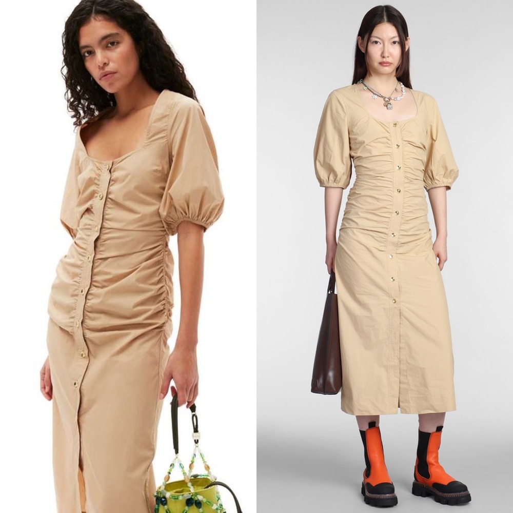 GANNI Beige Organic Cotton Puff Short Sleeve Button Front Ruched‎ Scandi Dress L